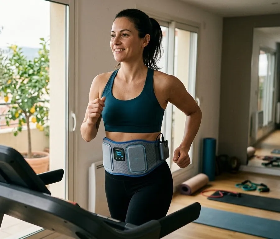 Femme courant sur un tapis de course avec la ceinture Slim Sonic autour de la taille