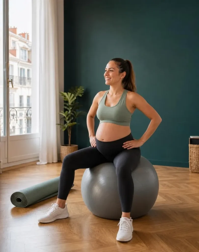 Femme enceinte assise sur un Swiss Ball pendant un exercice de gym prénatale